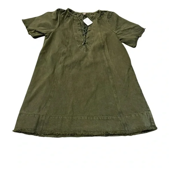 NWT Olive Green Khaki Denim Dress Small Free People When Hearts Align Dress - Picture 3 of 9